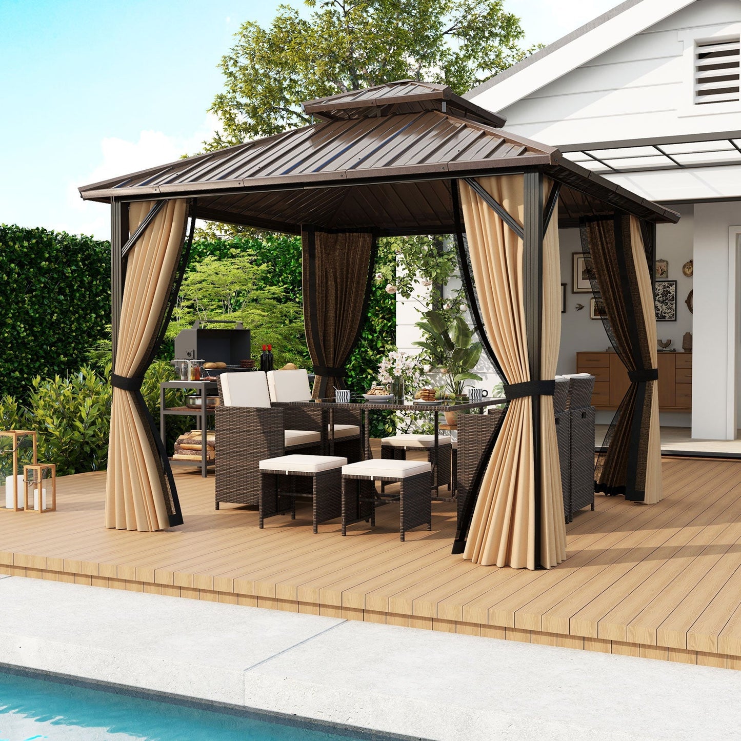 Hardtop Gazebo 10x10 ft with Netting and Curtains