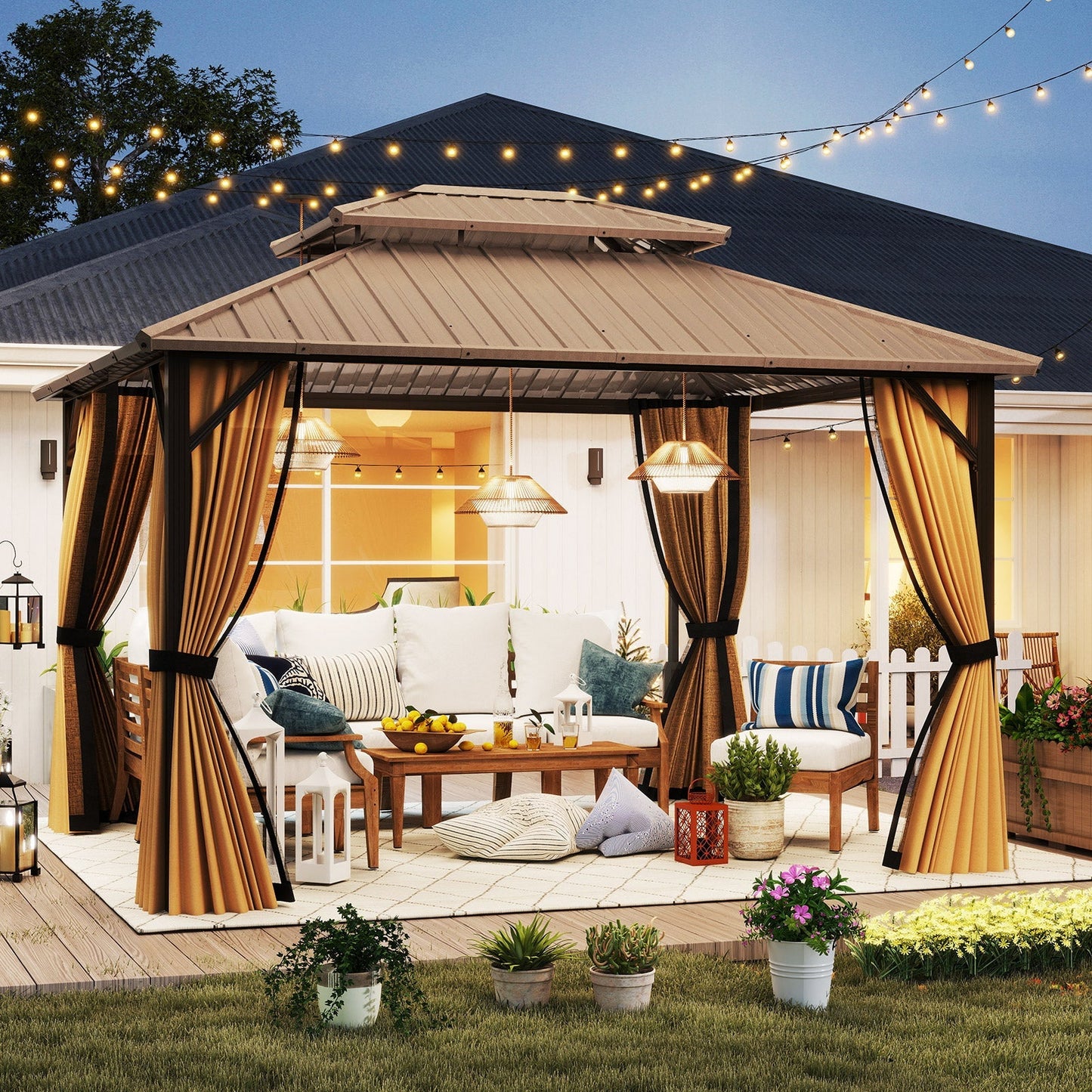 Hardtop Gazebo 10x10 ft with Netting and Curtains