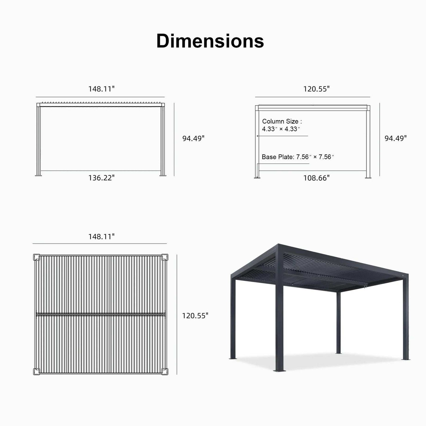 Gray Louvered Pergola Outdoor Aluminum Pergola with Adjustable Roof for Patio Gray Hardtop Gazebo