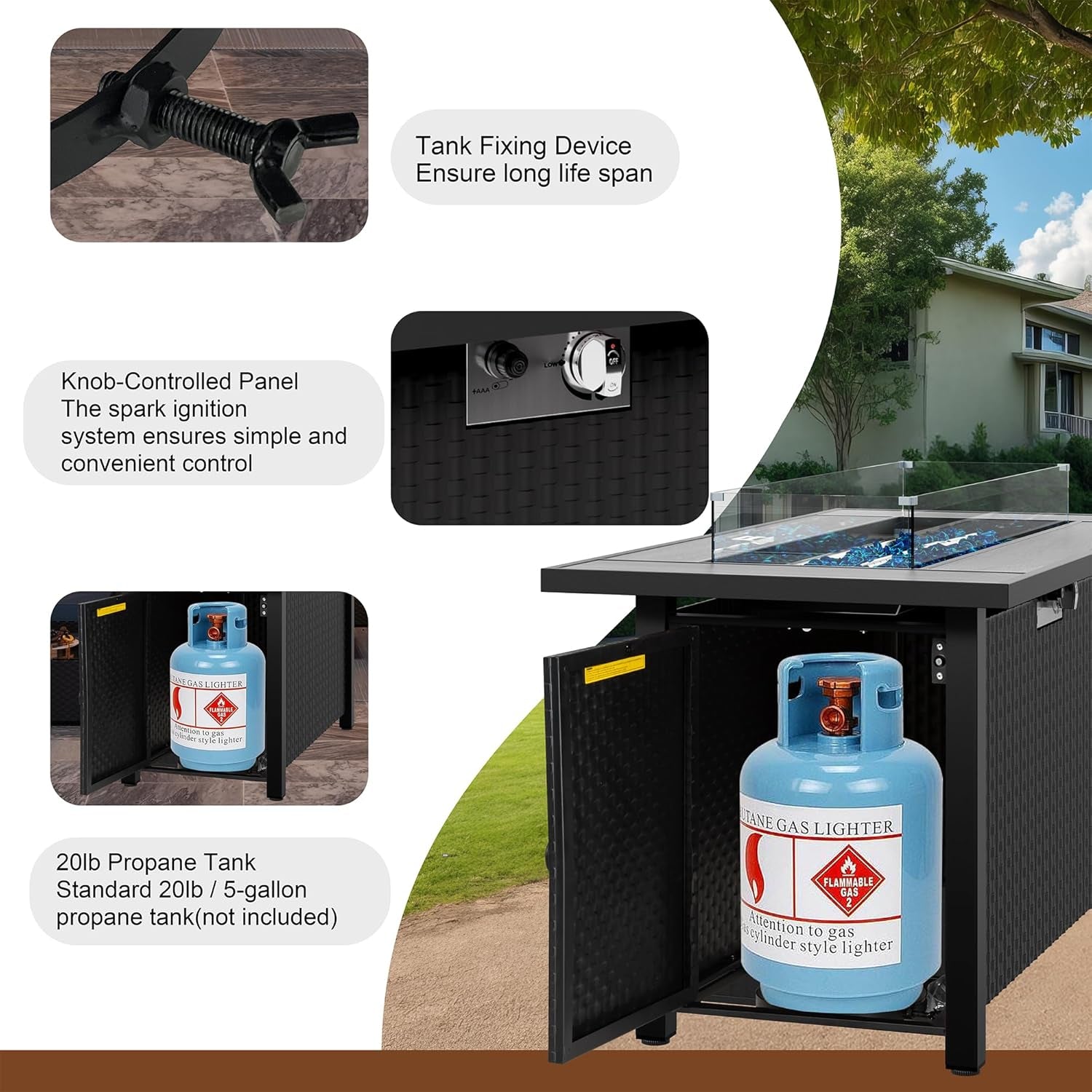 45 Inch Propane Fire Pit Table, 50,000 BTU Outdoor Gas Fire Pit Table with Lid, Waterproof Cover, Rectangle Gas Firepit Table for Garden/Patio