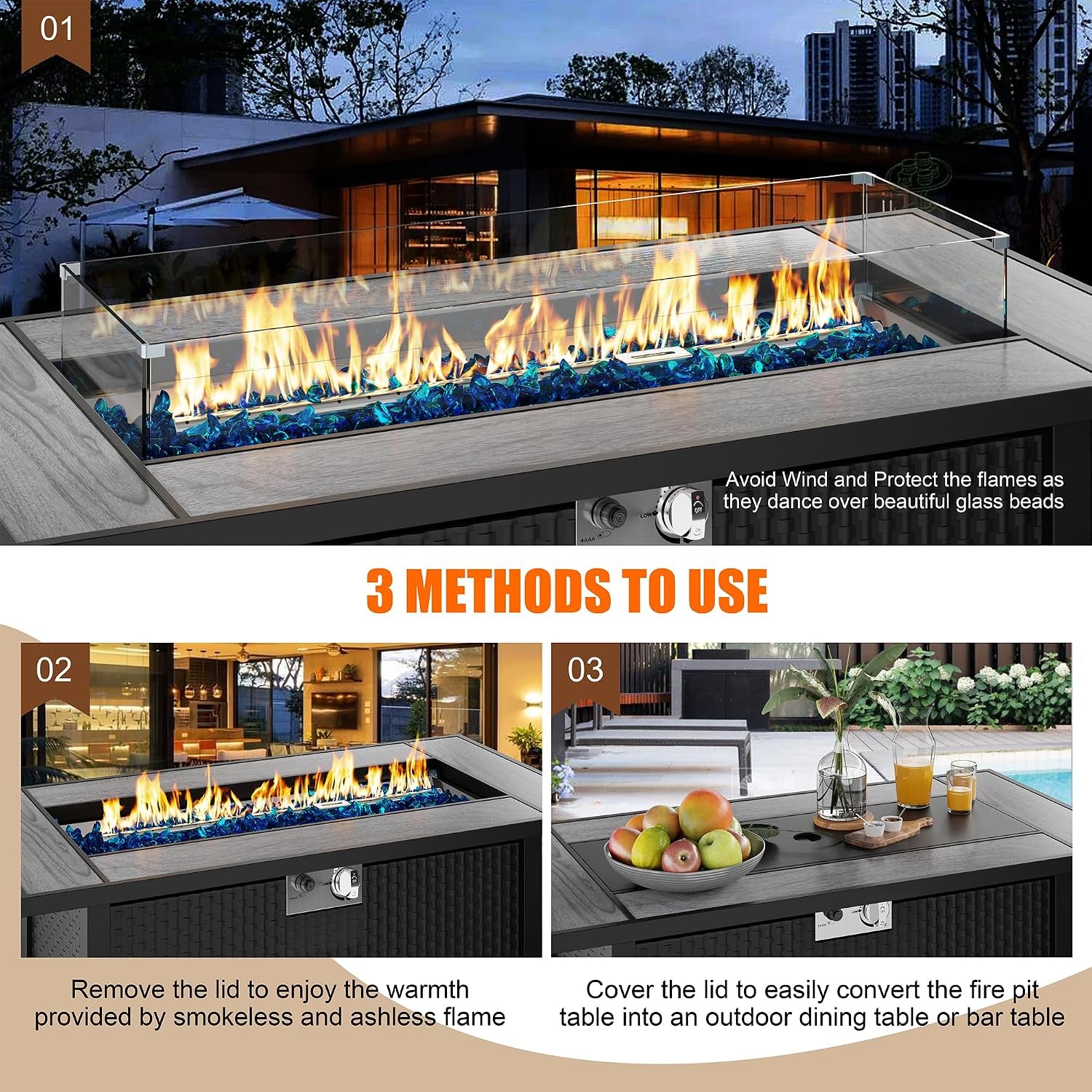 45 Inch Propane Fire Pit Table, 50,000 BTU Outdoor Gas Fire Pit Table with Lid, Waterproof Cover, Rectangle Gas Firepit Table for Garden/Patio