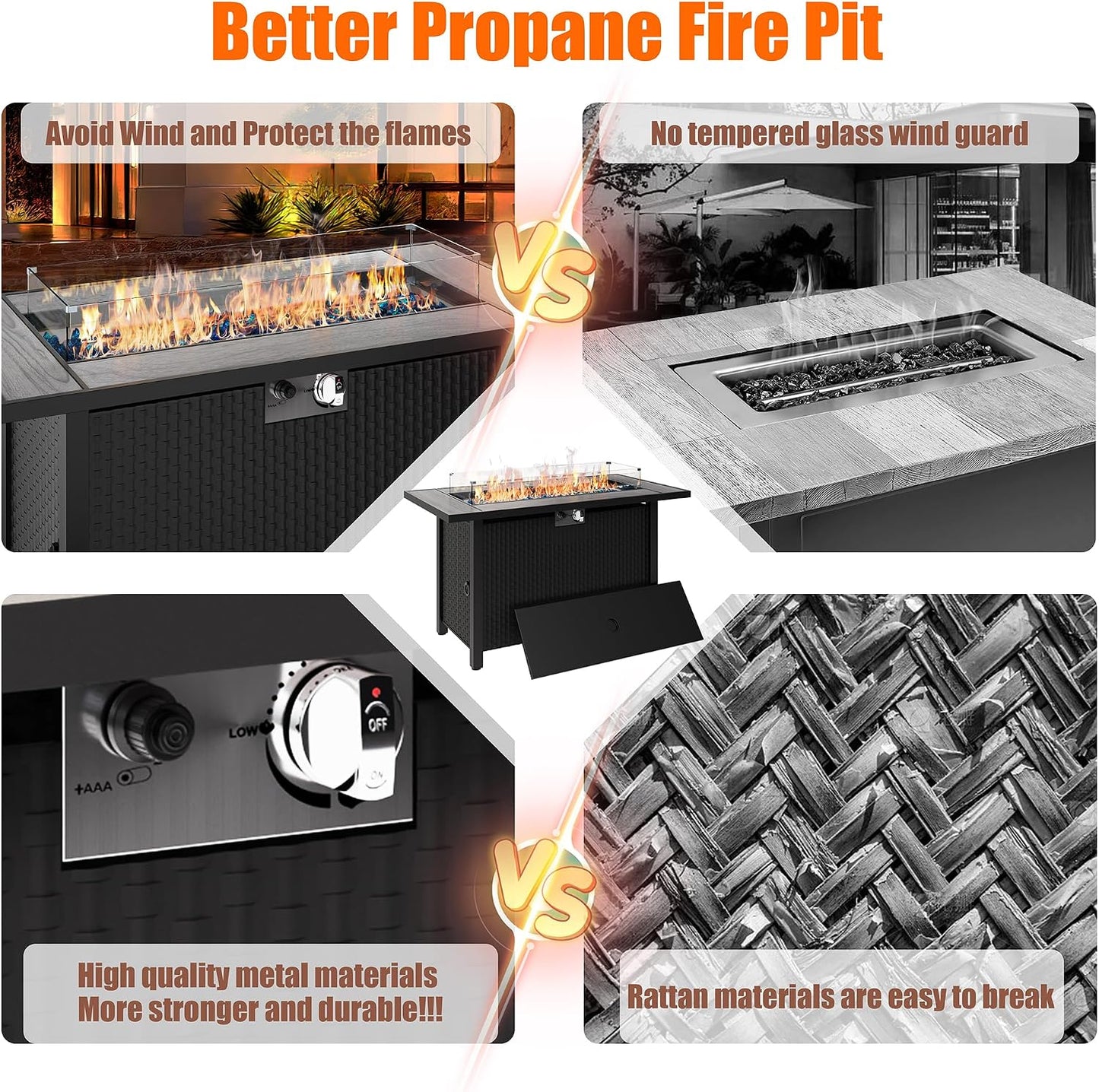 45 Inch Propane Fire Pit Table, 50,000 BTU Outdoor Gas Fire Pit Table with Lid, Waterproof Cover, Rectangle Gas Firepit Table for Garden/Patio