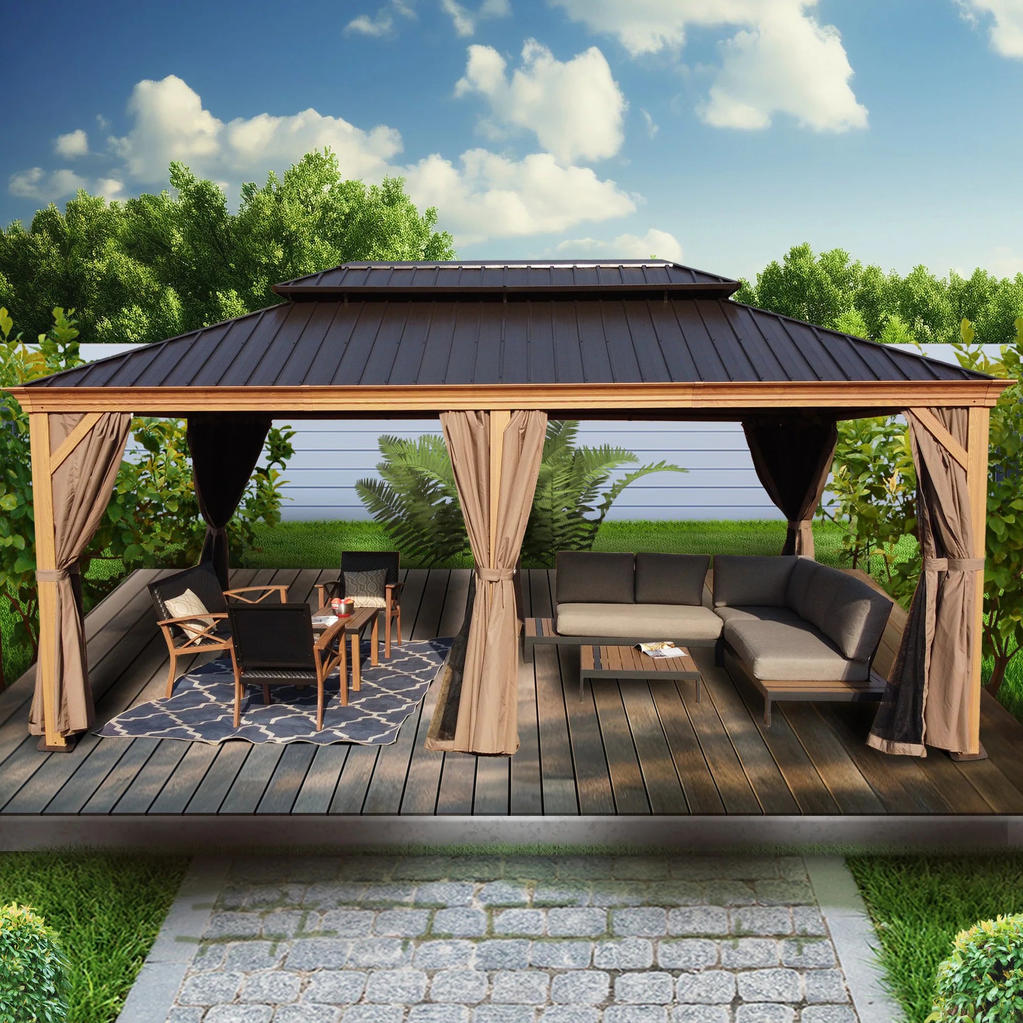 12-Ft X 20-Ft Gazebo Brown Gazebo with Hardtop Roof (Screen Included)