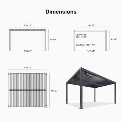 Gray Louvered Pergola Outdoor Aluminum Pergola with Adjustable Roof for Patio Gray Hardtop Gazebo