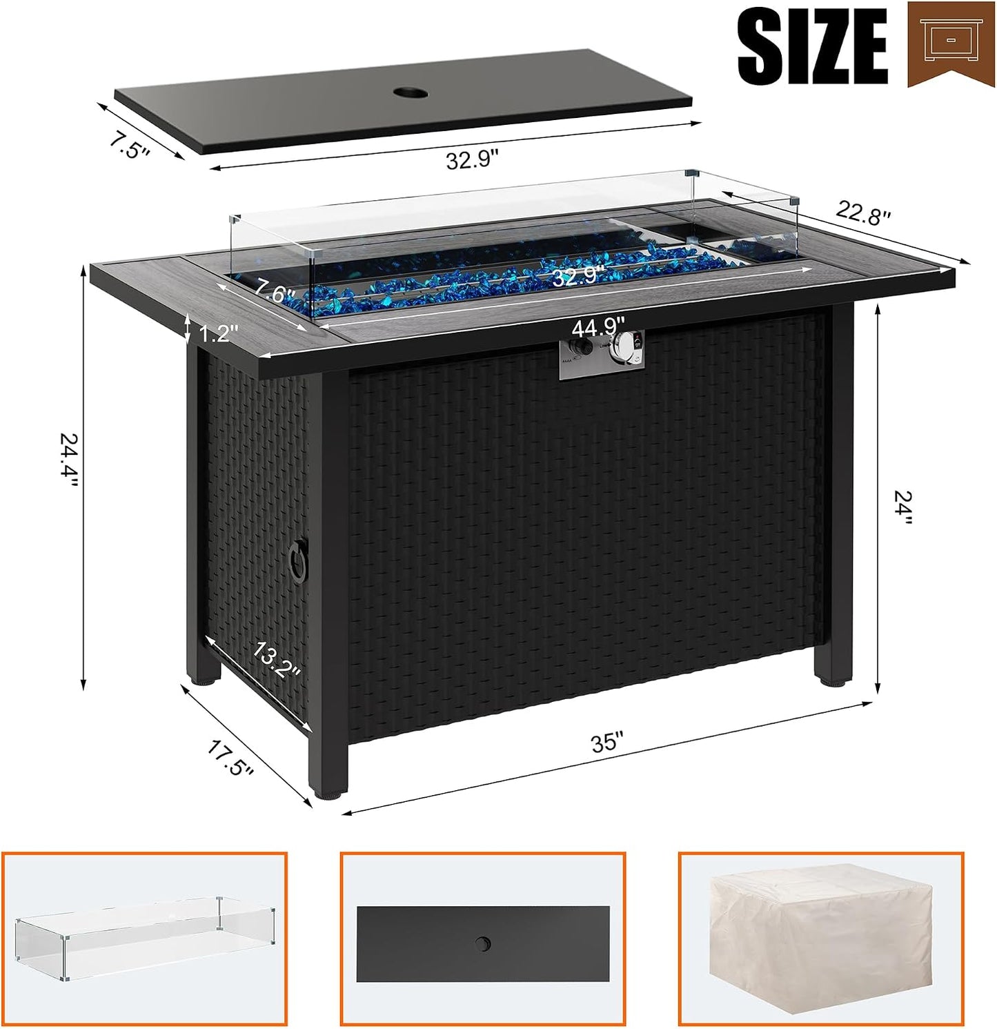 45 Inch Propane Fire Pit Table, 50,000 BTU Outdoor Gas Fire Pit Table with Lid, Waterproof Cover, Rectangle Gas Firepit Table for Garden/Patio