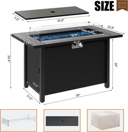 45 Inch Propane Fire Pit Table, 50,000 BTU Outdoor Gas Fire Pit Table with Lid, Waterproof Cover, Rectangle Gas Firepit Table for Garden/Patio