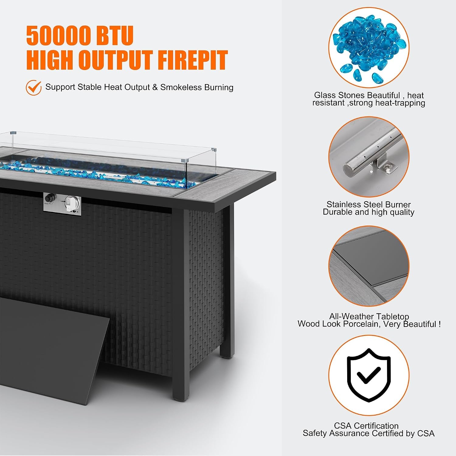 45 Inch Propane Fire Pit Table, 50,000 BTU Outdoor Gas Fire Pit Table with Lid, Waterproof Cover, Rectangle Gas Firepit Table for Garden/Patio