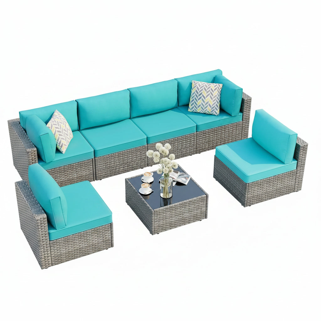 7 Piece Outdoor Patio Furniture Set, Silver Rattan Wicker Sectional Sofa, All Weather Conversation Set with Washable Cushions & Glass Coffee Table for Backyard Poolside Garden Porch,Blue