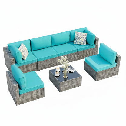 7 Piece Outdoor Patio Furniture Set, Silver Rattan Wicker Sectional Sofa, All Weather Conversation Set with Washable Cushions & Glass Coffee Table for Backyard Poolside Garden Porch,Blue