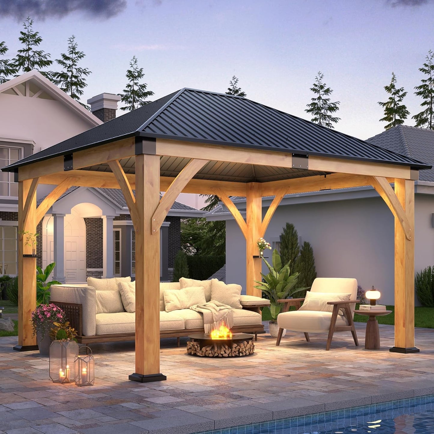 11' X 13' Wooden Gazebo with Galvanized Steel Roof, Outdoor Spruce Wood Patio Gazebo, Heavy-Duty Hardtop Gazebo for Garden, Poolside, Deck & Backyard