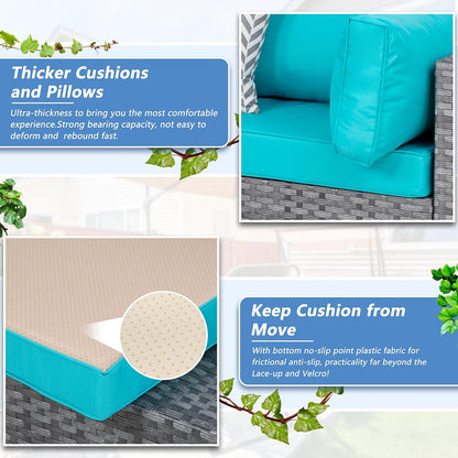 7 Piece Outdoor Patio Furniture Set, Silver Rattan Wicker Sectional Sofa, All Weather Conversation Set with Washable Cushions & Glass Coffee Table for Backyard Poolside Garden Porch,Blue