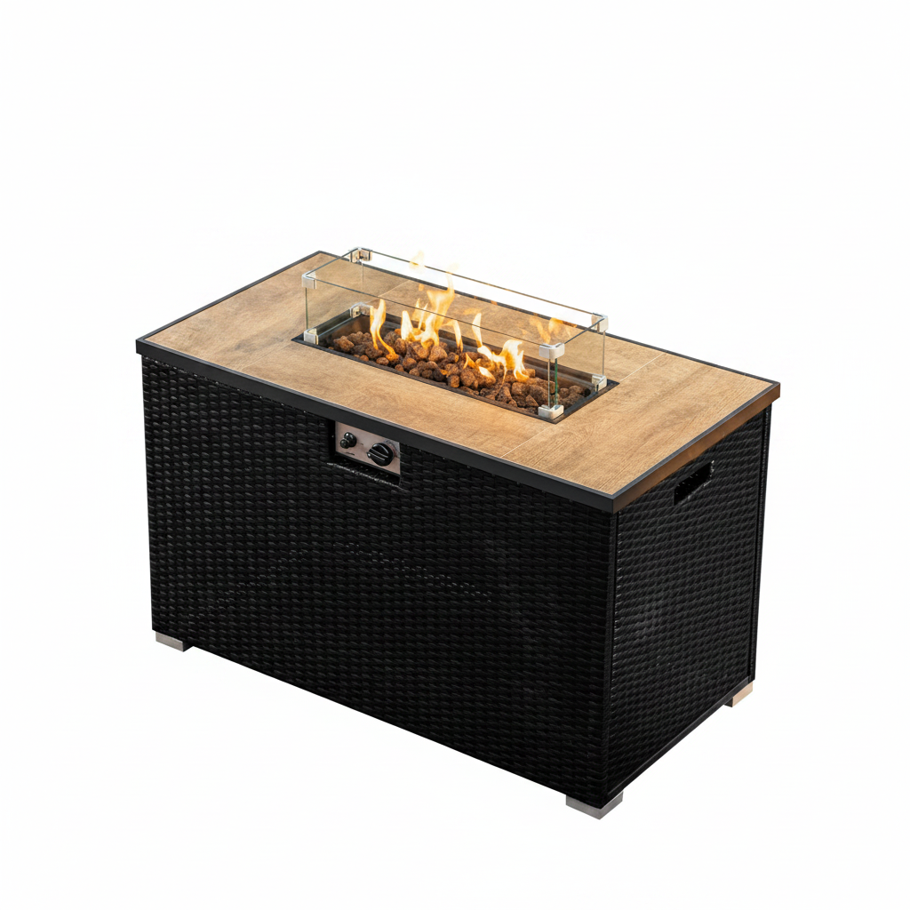 43 Inch Fire Pit for Outdoor - 50,000 BTU Outdoor Propane Fire Pit Table with Lid, Rain Cover & Lava Rocks - Patio Fire Pit Table with Tempered Glass for Backyard Gatherings - Black